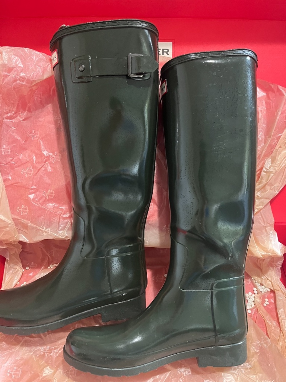 Hunter Dark Olive Knee High Rain Boots, Refined Gloss Cottage Core